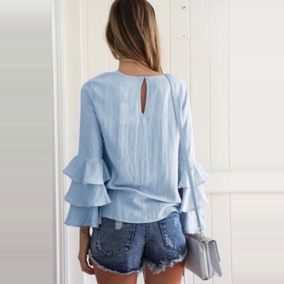 Layered Ruffled Long Sleeve Baby Blue Blouse - Picture 3 of 7